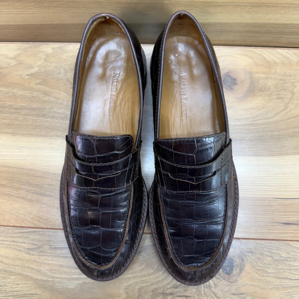 Ralph Lauren Vintage Penny Loafers Croc Womens 5.5 B Dark Brown Leather Lug Sole